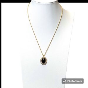 Trifari Vintage Gold Tone Polished Black Stone and Rhinestones Pendant Necklace